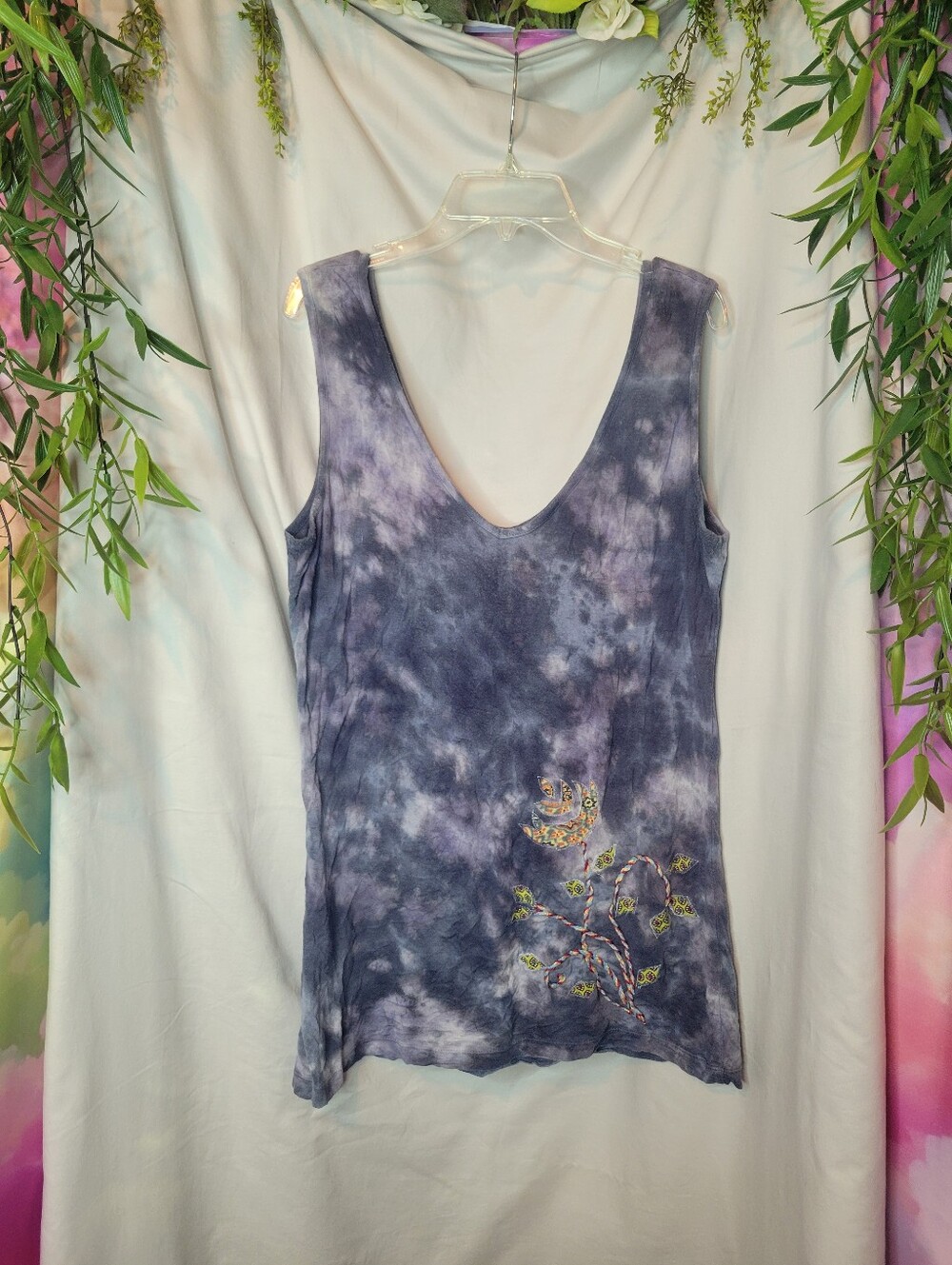 Purple Tie-Dye Gypsy Embroidered Floral Tank Top
